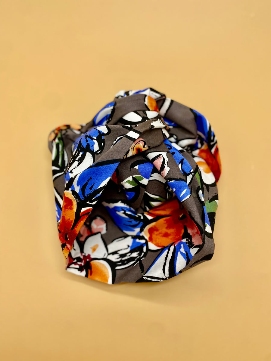 Turban Coton Floral Gris