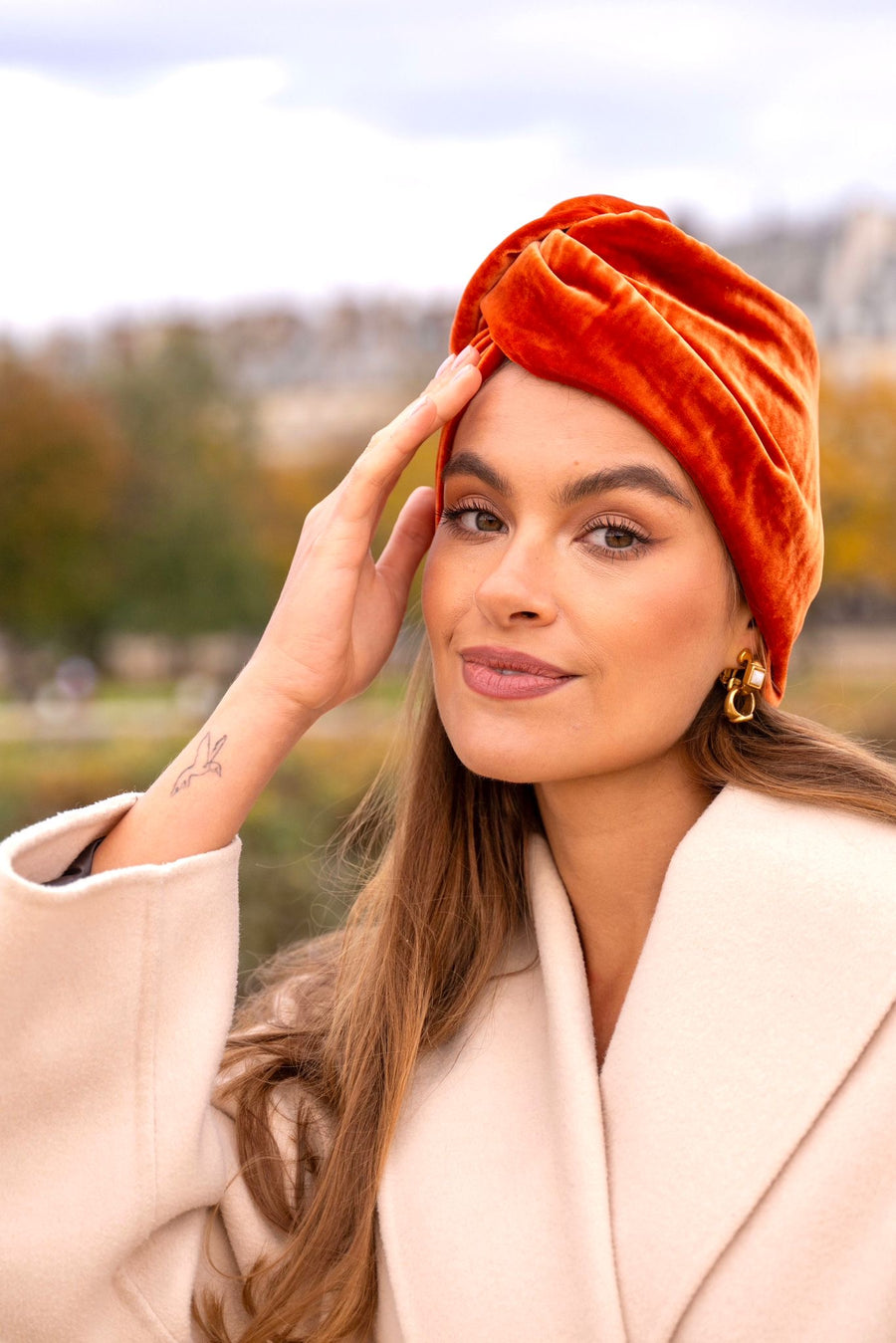 Turban velours de soie orange