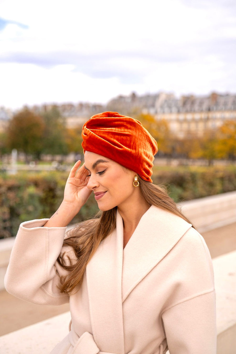 Turban velours de soie orange